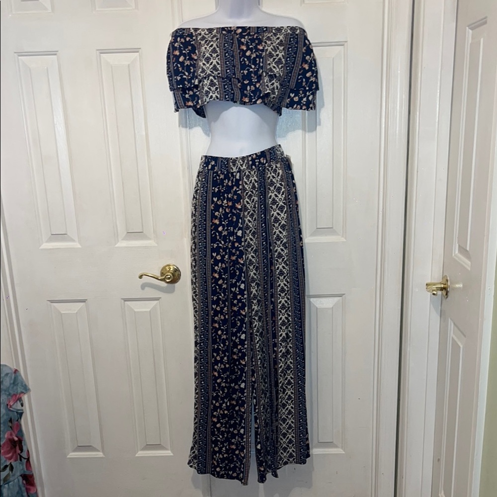Blue and White Celestial Two-Piece Set with Maxi Skirt